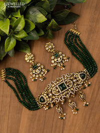 Beaded green choker with emerald & cz stones and pearl hangings in victorian finish