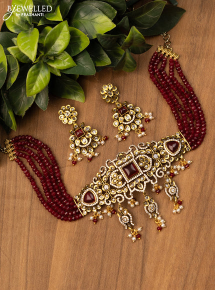 Beaded maroon choker with ruby & cz stones and pearl hangings in victorian finish