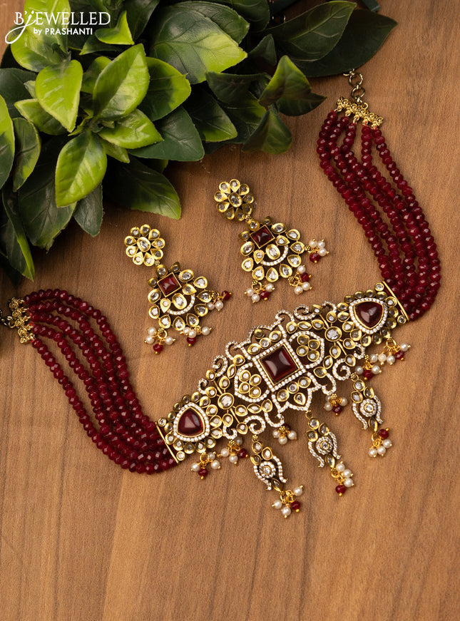 Beaded maroon choker with ruby & cz stones and pearl hangings in victorian finish