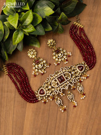 Beaded maroon choker with ruby & cz stones and pearl hangings in victorian finish