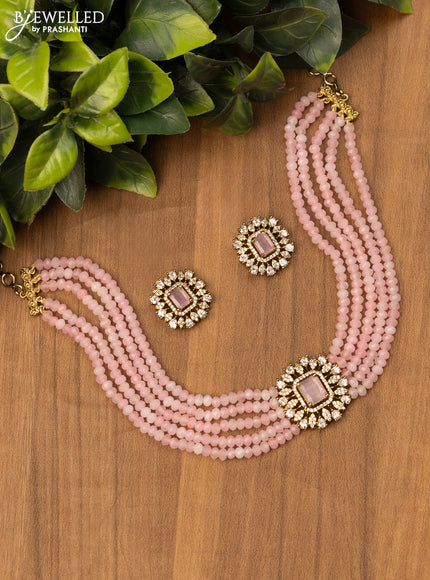 Beaded baby pink choker with cz stones in victorian finish