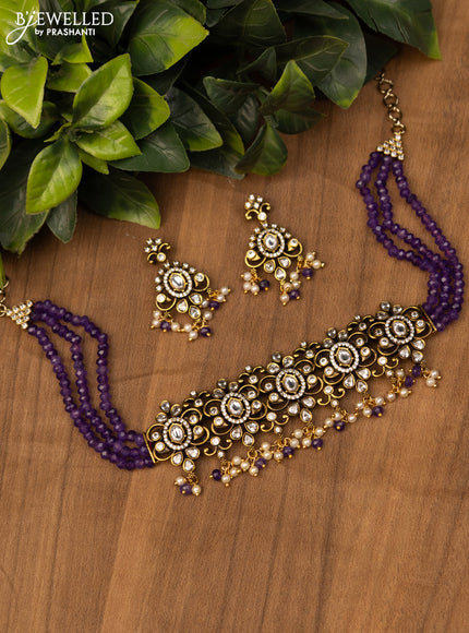 Beaded violet choker with kundan and cz stones in victorian finish