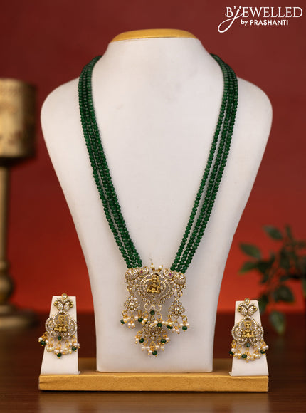 Beaded triple layer green necklace lakshmi pendant with emerald & cz stones and beads hanging in victorian finish