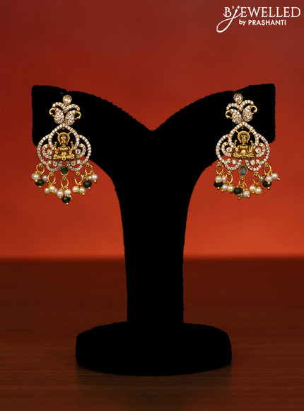 Beaded triple layer green necklace lakshmi pendant with emerald & cz stones and beads hanging in victorian finish