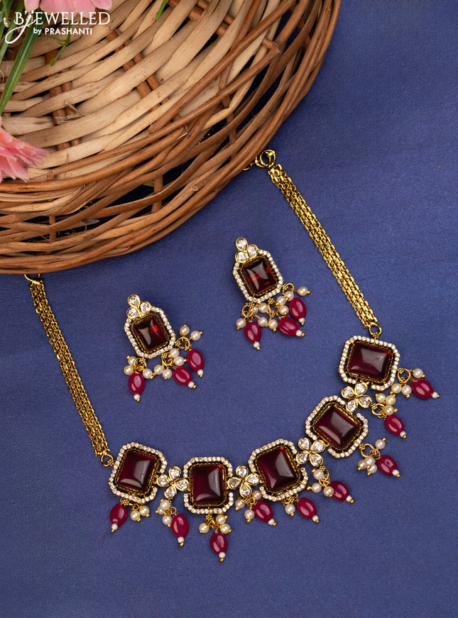 Choker with ruby & cz stones and beads hanging in victorian finish