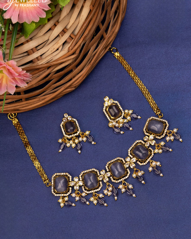 Choker with violet & cz stones and beads hanging in victorian finish