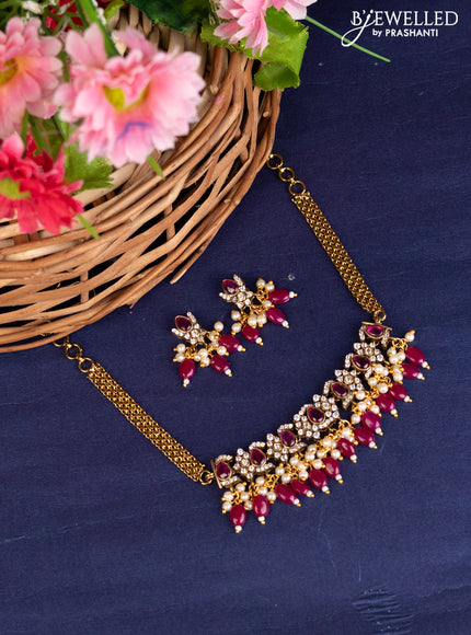 Choker with ruby & cz stones and beads hanging in victorian finish