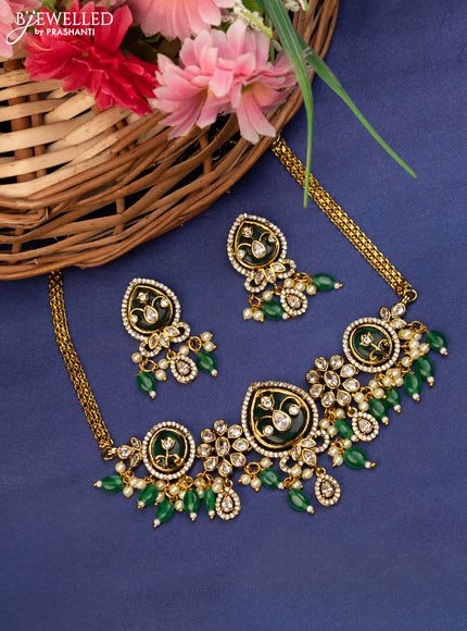 Choker with emerald & cz stones and beads hanging in victorian finish