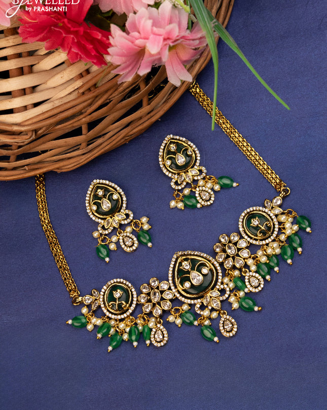 Choker with emerald & cz stones and beads hanging in victorian finish