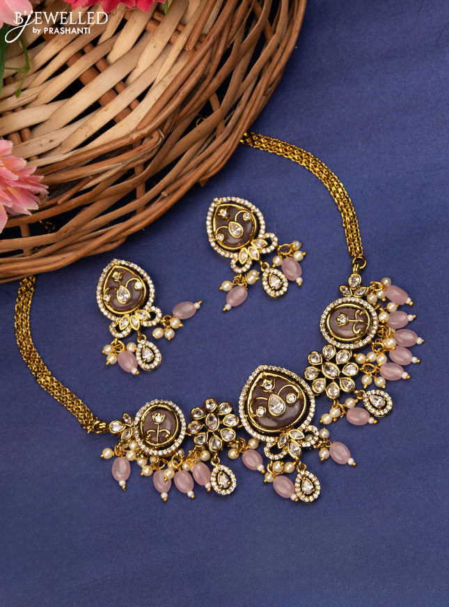 Choker with baby pink & cz stones and beads hanging in victorian finish