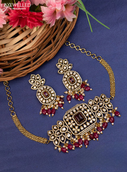 Choker with ruby & kundan stones and beads hanging in victorian finish