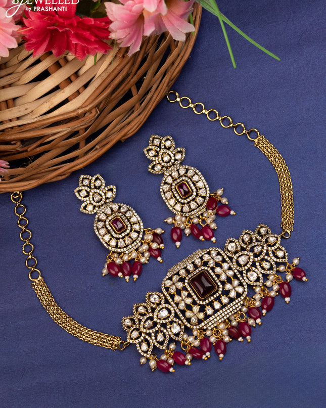 Choker with ruby & kundan stones and beads hanging in victorian finish