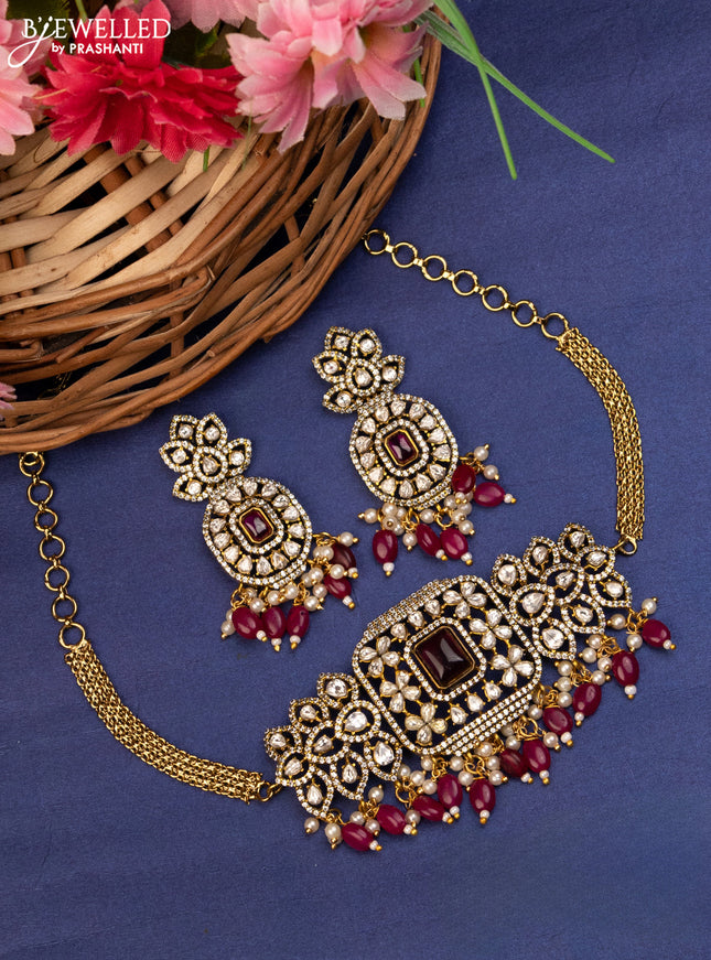 Choker with ruby & kundan stones and beads hanging in victorian finish