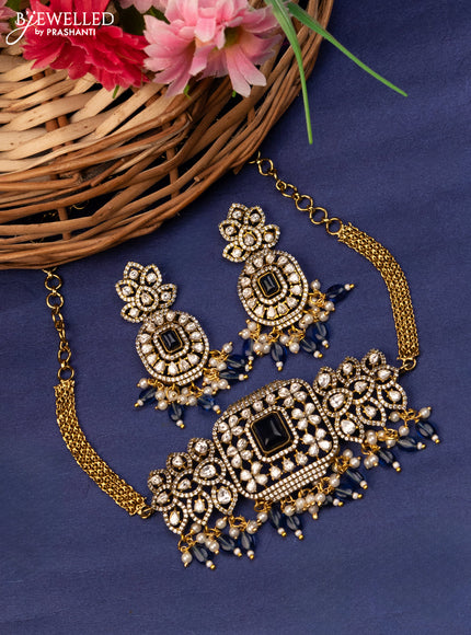 Choker with sapphire & kundan stones and beads hanging in victorian finish
