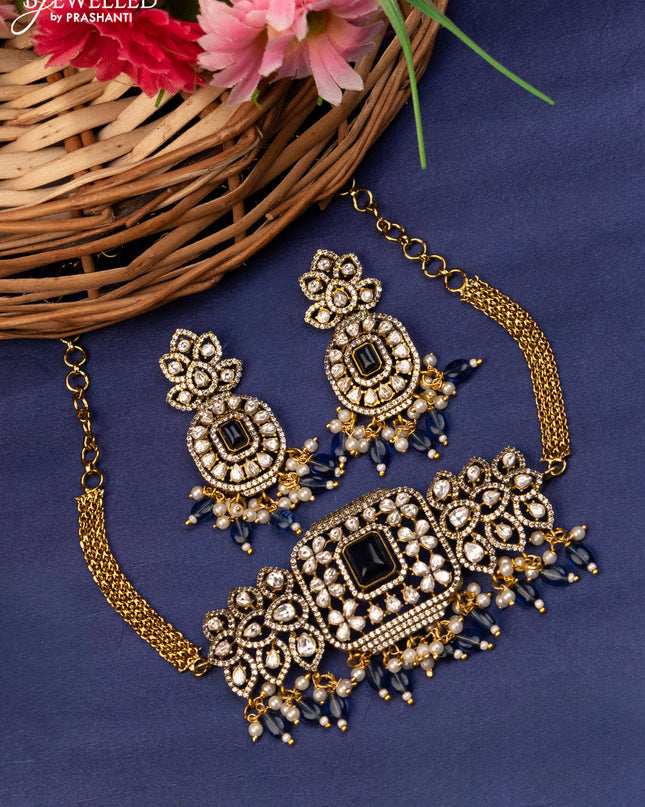 Choker with sapphire & kundan stones and beads hanging in victorian finish
