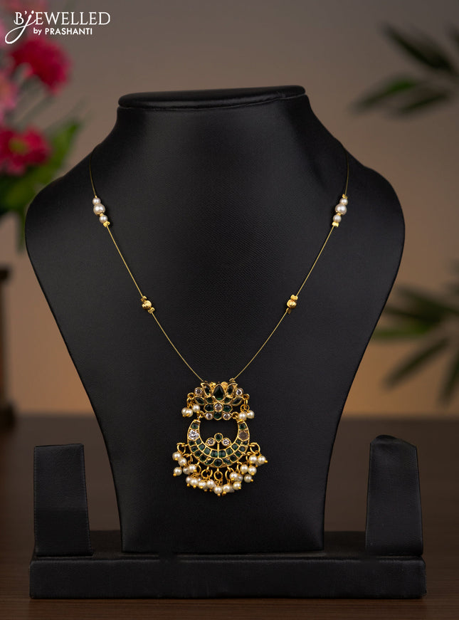 Invisible chain chandbali & lotus pendant with emerald & cz stones and pearl hangings without earrings