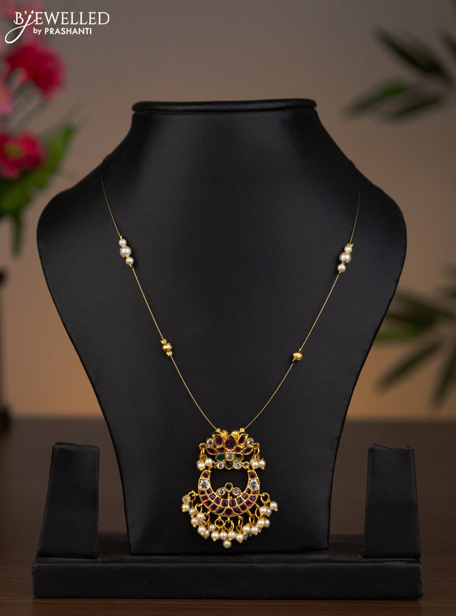 Invisible chain chandbali & lotus pendant with kemp & cz stones and pearl hangings without earrings