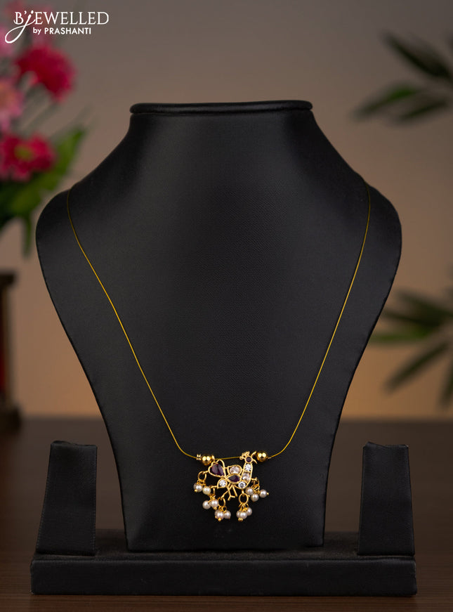 Invisible chain with ruby & cz stones pendant and pearl hangings without earrings