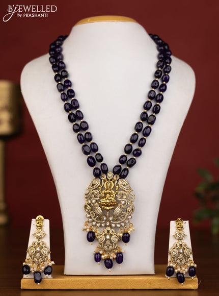 Beaded double layer violet necklace lakshmi pendant with ruby & cz stones and pearl hanging in victorian finish