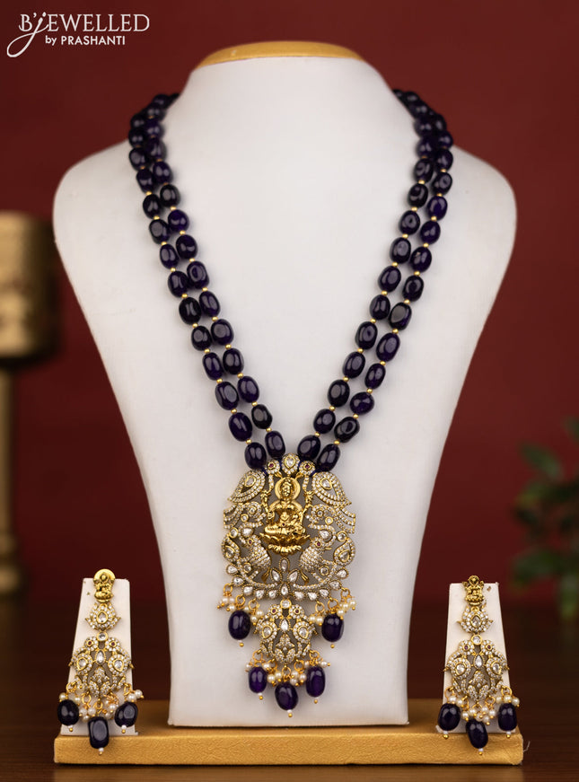 Beaded double layer violet necklace lakshmi pendant with ruby & cz stones and pearl hanging in victorian finish