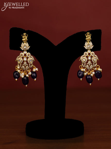 Beaded double layer violet necklace lakshmi pendant with ruby & cz stones and pearl hanging in victorian finish