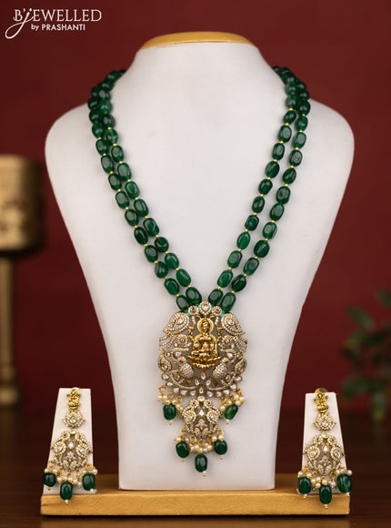 Beaded double layer emerald necklace lakshmi pendant with ruby & cz stones and pearl hanging in victorian finish