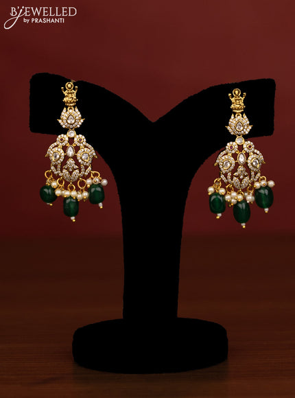 Beaded double layer emerald necklace lakshmi pendant with ruby & cz stones and pearl hanging in victorian finish