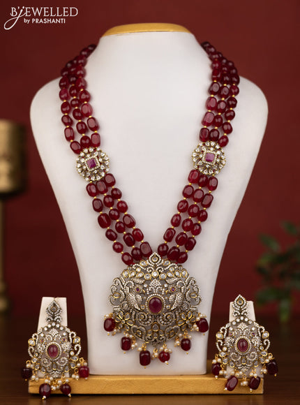 Beaded triple layer maroon necklace with ruby & cz stones and beads hanging in victorian finish