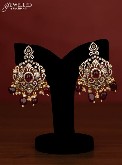 Beaded triple layer maroon necklace with ruby & cz stones and beads hanging in victorian finish