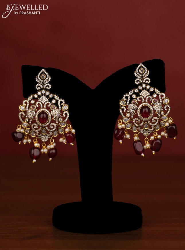 Beaded triple layer maroon necklace with ruby & cz stones and beads hanging in victorian finish