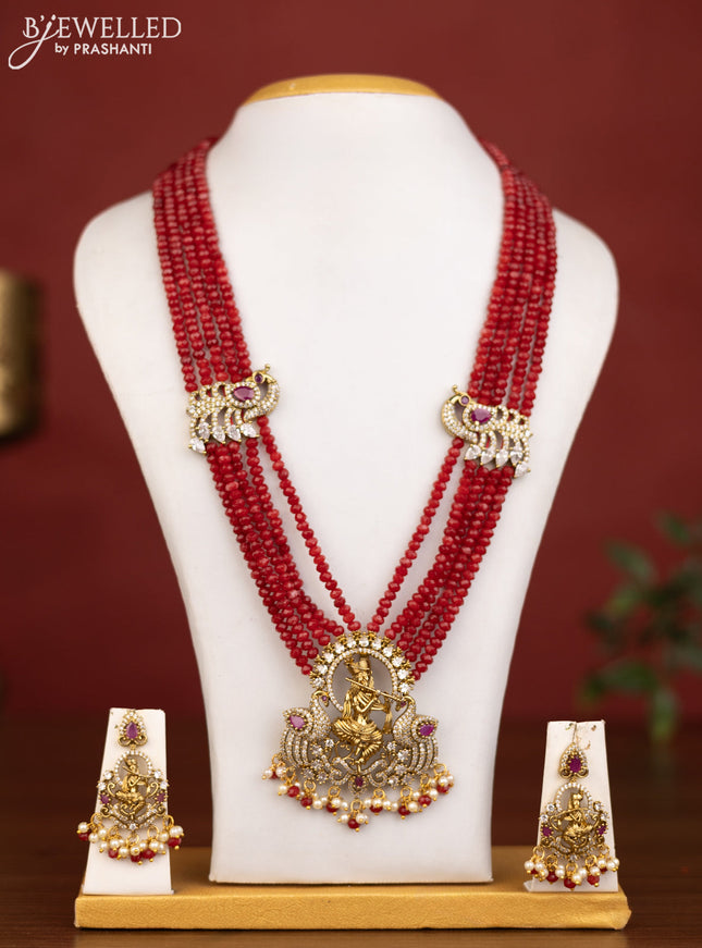 Beaded multilayer red necklace krishna pendant with ruby & cz stones and pearl hanging in victorian finish