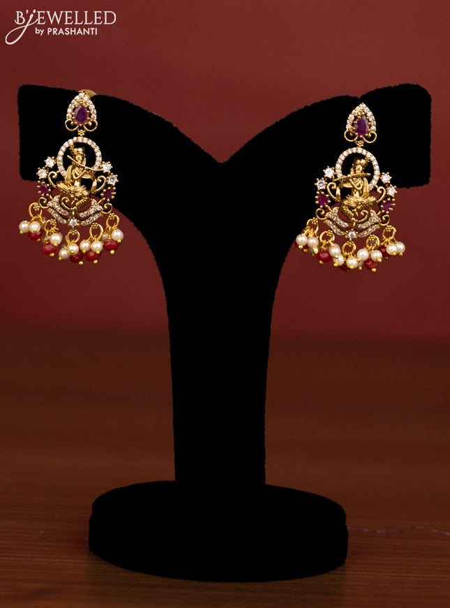 Beaded multilayer red necklace krishna pendant with ruby & cz stones and pearl hanging in victorian finish