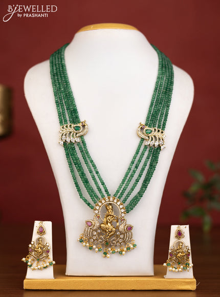 Beaded multilayer emerald necklace krishna pendant with ruby & cz stones and pearl hanging in victorian finish