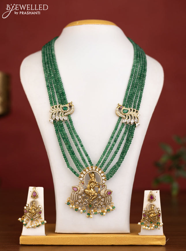 Beaded multilayer emerald necklace krishna pendant with ruby & cz stones and pearl hanging in victorian finish