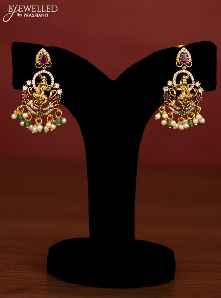 Beaded multilayer emerald necklace krishna pendant with ruby & cz stones and pearl hanging in victorian finish