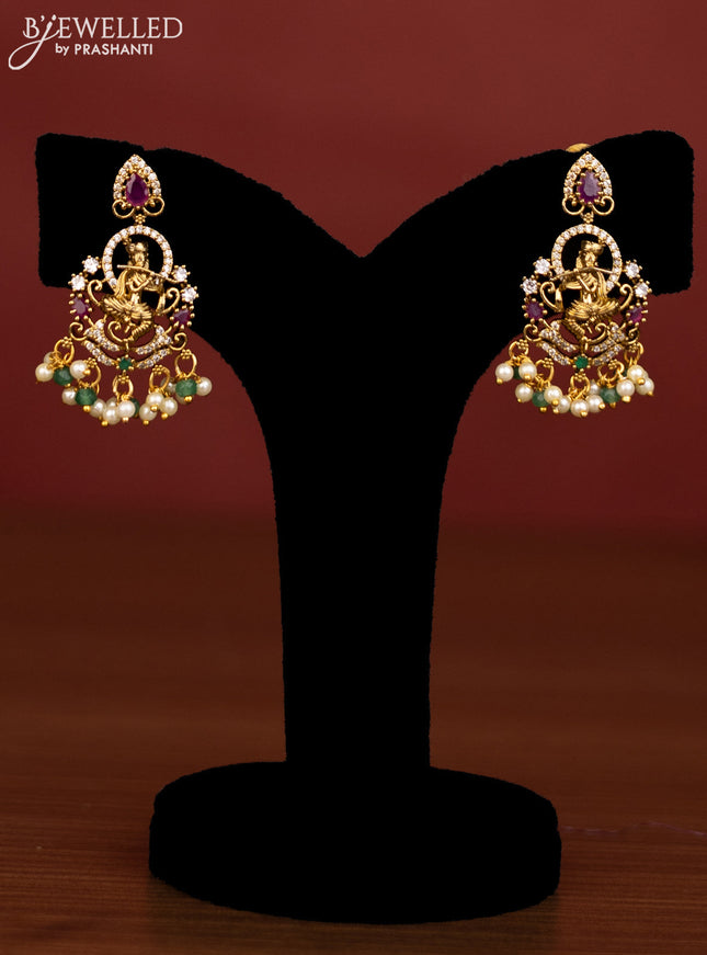 Beaded multilayer emerald necklace krishna pendant with ruby & cz stones and pearl hanging in victorian finish