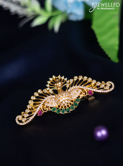 Antique hair clip medium size peacock design with kemp and cz stones