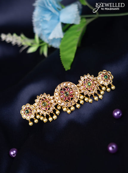 Antique hair clip medium size floral design with kemp & cz stones and pearl hangings