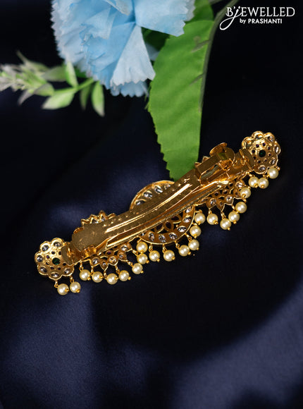 Antique hair clip medium size floral design with kemp & cz stones and pearl hangings