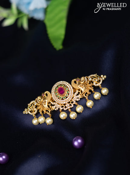 Antique hair clip medium size peacock design with kemp & cz stones and pearl hangings