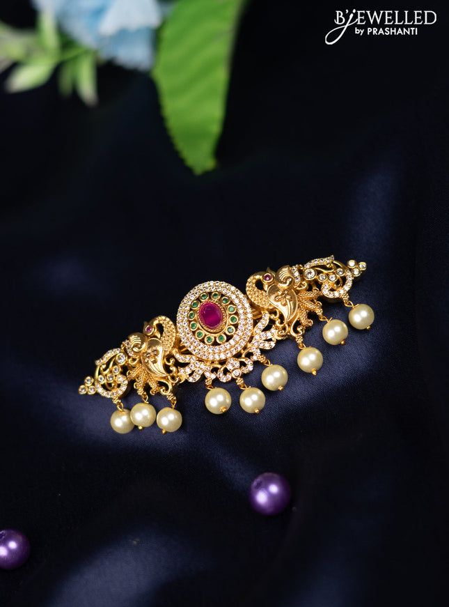 Antique hair clip medium size peacock design with kemp & cz stones and pearl hangings