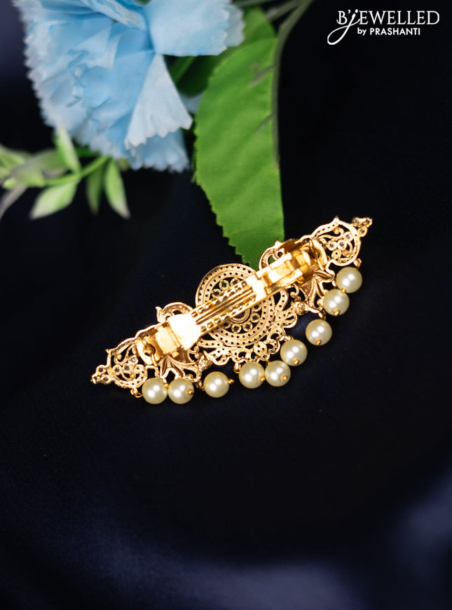 Antique hair clip medium size peacock design with kemp & cz stones and pearl hangings