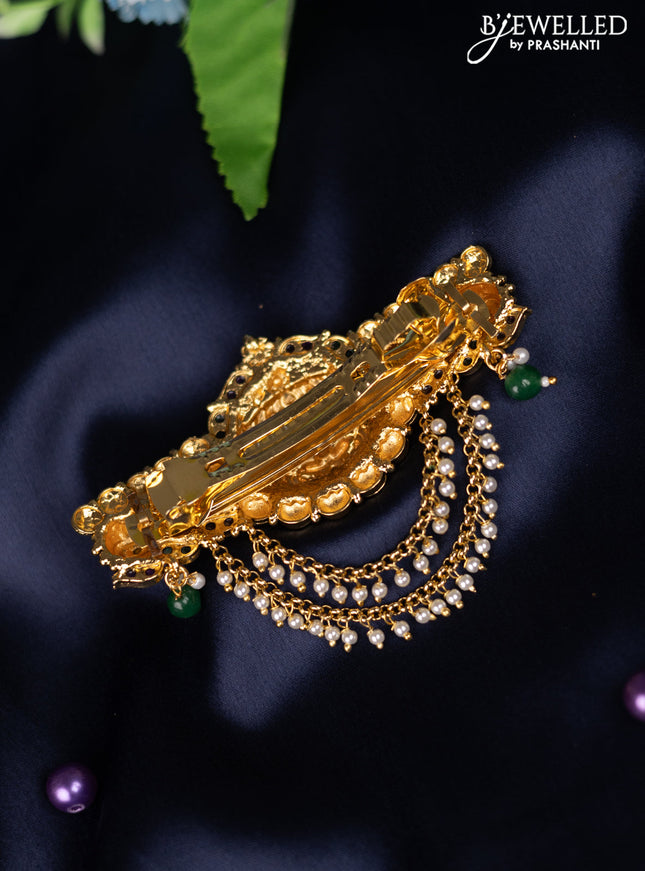 Antique hair clip medium size lakshmi design with kemp & kundan stones and pearl & beads hanging