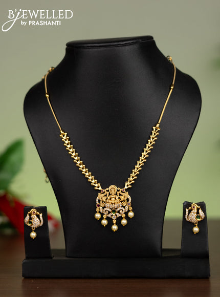 Antique attigai necklace lakshmi pendant with kemp & cz stones and pearl hangings