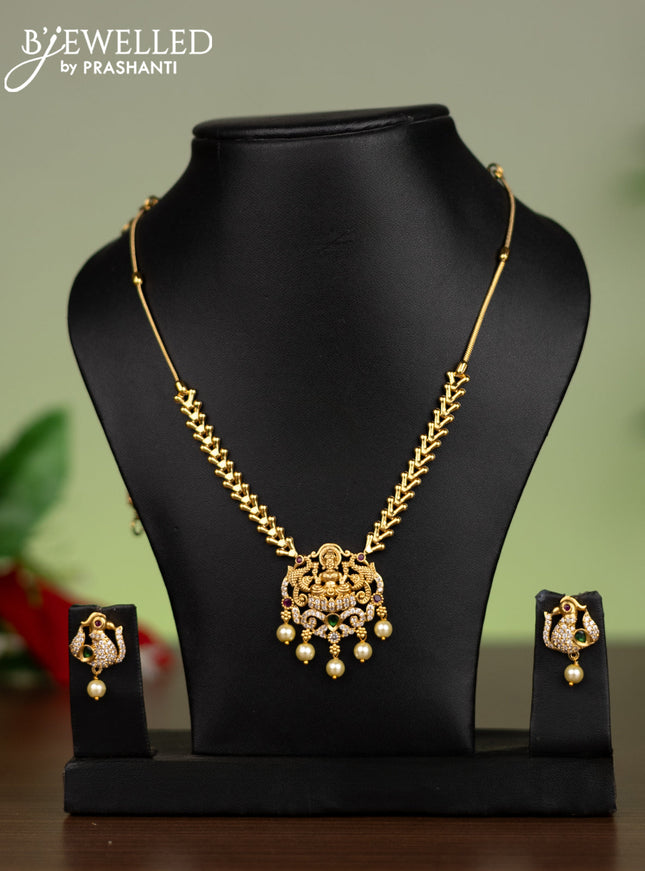 Antique attigai necklace lakshmi pendant with kemp & cz stones and pearl hangings