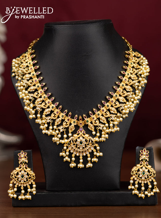 Antique guttapusalu necklace with kemp & cz stones and pearl hangings