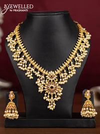 Antique guttapusalu necklace with pink kemp & cz stones and pearl hangings