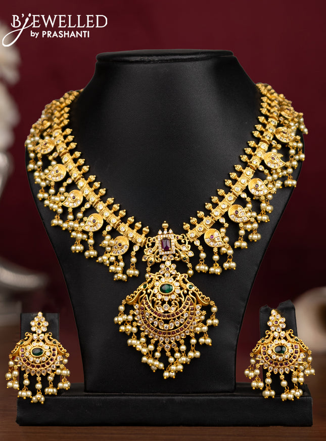 Antique guttapusalu necklace manga pattern with kemp & cz stones and pearl hangings