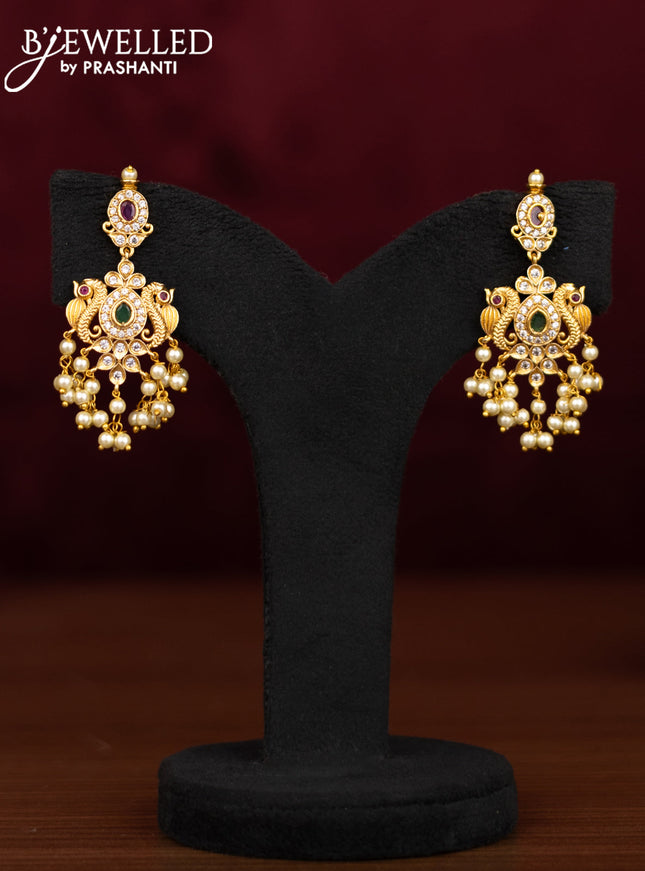 Antique guttapusalu necklace peacock & lakshmi design with kemp & cz stones and pearl hangings