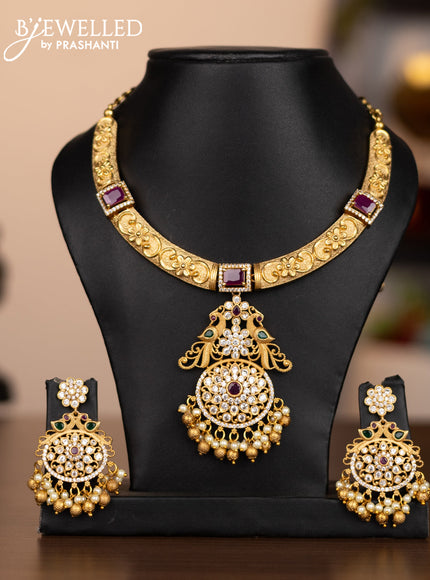 Antique neckalce peacock design with kemp & cz stones and pearl & golden beads hanging